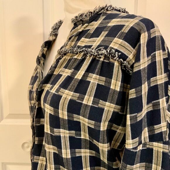 Sweewe Paris Blue Plaid Embroidered Sleeve Fringe Cropped Sleeve Cotton Top Sm - Picture 4 of 11